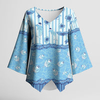Hawaii Christmas In July Kimono Sleeve Blouse Sky Blue Mele Kalikimaka Sea Animals DT05 Female Blue - Polynesian Pride