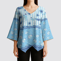 Hawaii Christmas In July Kimono Sleeve Blouse Sky Blue Mele Kalikimaka Sea Animals DT05 - Polynesian Pride