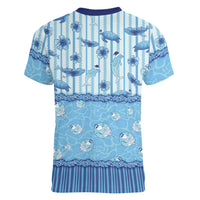 Hawaii Christmas In July Women V-Neck T-Shirt Sky Blue Mele Kalikimaka Sea Animals