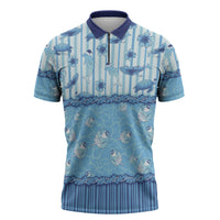 Hawaii Christmas In July Zipper Polo Shirt Sky Blue Mele Kalikimaka Sea Animals DT05 Blue - Polynesian Pride