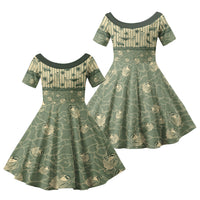 Hawaii Christmas In July Family Matching Off Shoulder Short Dress and Hawaiian Shirt Olive Green Mele Kalikimaka Sea Animals DT05 Daughter's Dress Green - Polynesian Pride