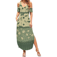 Hawaii Christmas In July Family Matching Summer Maxi Dress and Hawaiian Shirt Olive Green Mele Kalikimaka Sea Animals