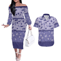 Hawaii Christmas In July Couples Matching Off The Shoulder Long Sleeve Dress and Hawaiian Shirt Amethyst Purple Mele Kalikimaka Sea Animals