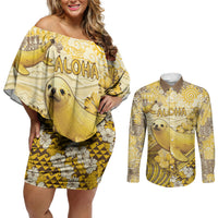 Hawaii Banana Seal Couples Matching Off Shoulder Short Dress and Long Sleeve Button Shirt Ilio Holo I Ka Uaua Aloha DT05 Yellow - Polynesian Pride