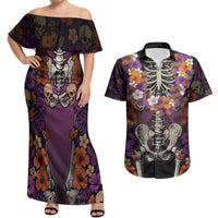 Hawaii Halloween Couples Matching Off Shoulder Maxi Dress and Hawaiian Shirt Skeleton Bones Flower Lei Tropical Floral DT05 Black - Polynesian Pride