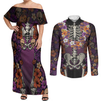 Hawaii Halloween Couples Matching Off Shoulder Maxi Dress and Long Sleeve Button Shirt Skeleton Bones Flower Lei Tropical Floral DT05 Black - Polynesian Pride