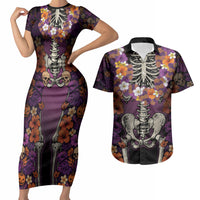 Hawaii Halloween Couples Matching Short Sleeve Bodycon Dress and Hawaiian Shirt Skeleton Bones Flower Lei Tropical Floral DT05 Black - Polynesian Pride