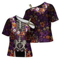 Hawaii Halloween Cross Shoulder Shirt Skeleton Bones Flower Lei Tropical Floral DT05 - Polynesian Pride