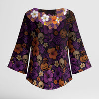 Hawaii Halloween Kimono Sleeve Blouse Skeleton Bones Flower Lei Tropical Floral DT05 - Polynesian Pride
