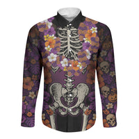 Hawaii Halloween Long Sleeve Button Shirt Skeleton Bones Flower Lei Tropical Floral DT05 Unisex Black - Polynesian Pride