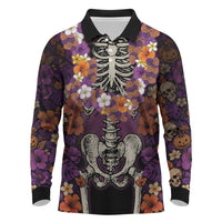 Hawaii Halloween Long Sleeve Polo Shirt Skeleton Bones Flower Lei Tropical Floral DT05 Black - Polynesian Pride