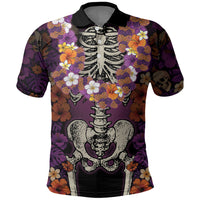 Hawaii Halloween Polo Shirt Skeleton Bones Flower Lei Tropical Floral DT05 Black - Polynesian Pride