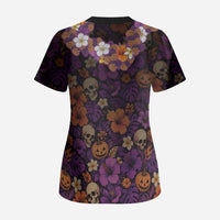Hawaii Halloween Scrub Top Skeleton Bones Flower Lei Tropical Floral DT05 - Polynesian Pride