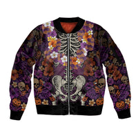 Hawaii Halloween Sleeve Zip Bomber Jacket Skeleton Bones Flower Lei Tropical Floral DT05 Unisex Black - Polynesian Pride