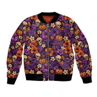 Hawaii Halloween Bomber Jacket Skeleton Pumpkin Hawaiian Flower Tribal DT05 Unisex Purple - Polynesian Pride