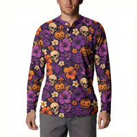 Hawaii Halloween Button Sweatshirt Skeleton Pumpkin Hawaiian Flower Tribal DT05 - Polynesian Pride