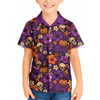 Hawaii Halloween Kid Hawaiian Shirt Skeleton Pumpkin Hawaiian Flower Tribal DT05 Kid Purple - Polynesian Pride