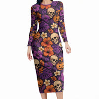 Hawaii Halloween Long Sleeve Bodycon Dress Skeleton Pumpkin Hawaiian Flower Tribal DT05 Long Dress Purple - Polynesian Pride