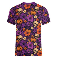 Hawaii Halloween Women V-Neck T-Shirt Skeleton Pumpkin Hawaiian Flower Tribal DT05 - Polynesian Pride
