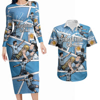 Custom Argentina Football Couples Matching Long Sleeve Bodycon Dress and Hawaiian Shirt Goat Comic Style Sun Of May DT05 Blue - Polynesian Pride