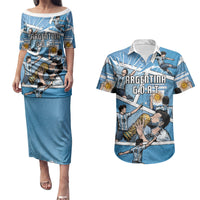 Custom Argentina Football Couples Matching Puletasi and Hawaiian Shirt Goat Comic Style Sun Of May DT05 Blue - Polynesian Pride