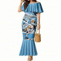 Custom Argentina Football Mermaid Dress Goat Comic Style Sun Of May DT05 Women Blue - Polynesian Pride