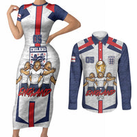 Custom England Football Couples Matching Short Sleeve Bodycon Dress and Long Sleeve Button Shirt Three Lions Trophy St George Cross DT05 White - Polynesian Pride