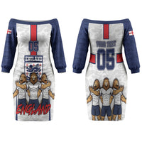 Custom England Football Family Matching Off The Shoulder Long Sleeve Dress and Hawaiian Shirt Three Lions Trophy St George Cross DT05 Mom's Dress White - Polynesian Pride