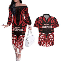 Custom Aotearoa Ngapuhi Couples Matching Off The Shoulder Long Sleeve Dress and Hawaiian Shirt Maori Pattern New Zealand - Polynesian Pride