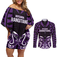 Custom Aotearoa Rangitane Couples Matching Off Shoulder Short Dress and Long Sleeve Button Shirt Maori Pattern New Zealand - Polynesian Pride
