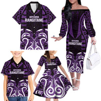 Custom Aotearoa Rangitane Family Matching Off The Shoulder Long Sleeve Dress and Hawaiian Shirt Maori Pattern New Zealand - Polynesian Pride