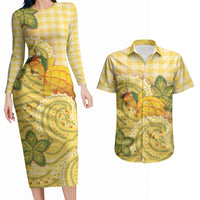 Hawaii Palaka Couples Matching Long Sleeve Bodycon Dress and Hawaiian Shirt Cute Ripe Mango Turtle On The Waves DT05 Yellow - Polynesian Pride