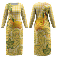 Hawaii Palaka Family Matching Long Sleeve Bodycon Dress and Hawaiian Shirt Cute Ripe Mango Turtle On The Waves DT05 Mom's Dress Yellow - Polynesian Pride