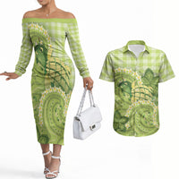 Hawaii Palaka Couples Matching Off The Shoulder Long Sleeve Dress and Hawaiian Shirt Cute Green Mango Turtle On The Waves DT05 Green - Polynesian Pride