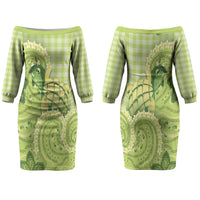 Hawaii Palaka Couples Matching Off The Shoulder Long Sleeve Dress and Hawaiian Shirt Cute Green Mango Turtle On The Waves DT05 - Polynesian Pride