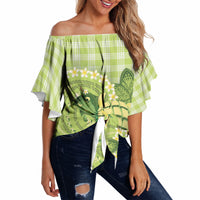 Hawaii Palaka Off Shoulder Wrap Waist Top Cute Green Mango Turtle On The Waves DT05 - Polynesian Pride