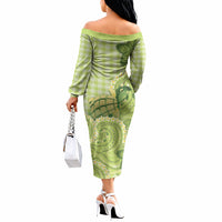 Hawaii Palaka Off The Shoulder Long Sleeve Dress Cute Green Mango Turtle On The Waves DT05 - Polynesian Pride