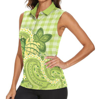 Hawaii Palaka Women Sleeveless Polo Shirt Cute Green Mango Turtle On The Waves DT05 - Polynesian Pride