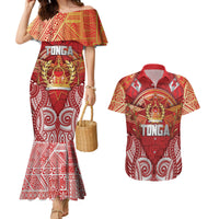 Tonga King's Birthday Couples Matching Mermaid Dress and Hawaiian Shirt Gold Royal Crown Tribal Patterns DT05 Red - Polynesian Pride