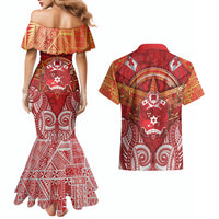 Tonga King's Birthday Couples Matching Mermaid Dress and Hawaiian Shirt Gold Royal Crown Tribal Patterns DT05 - Polynesian Pride