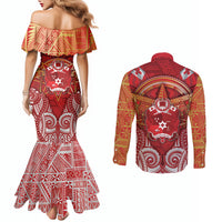 Tonga King's Birthday Couples Matching Mermaid Dress and Long Sleeve Button Shirt Gold Royal Crown Tribal Patterns DT05 - Polynesian Pride