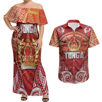 Tonga King's Birthday Couples Matching Off Shoulder Maxi Dress and Hawaiian Shirt Gold Royal Crown Tribal Patterns DT05 Red - Polynesian Pride