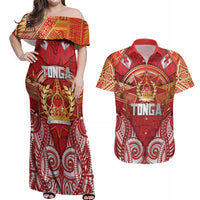 Tonga King's Birthday Couples Matching Off Shoulder Maxi Dress and Hawaiian Shirt Gold Royal Crown Tribal Patterns DT05 Red - Polynesian Pride
