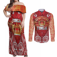 Tonga King's Birthday Couples Matching Off Shoulder Maxi Dress and Long Sleeve Button Shirt Gold Royal Crown Tribal Patterns DT05 Red - Polynesian Pride