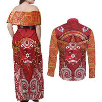 Tonga King's Birthday Couples Matching Off Shoulder Maxi Dress and Long Sleeve Button Shirt Gold Royal Crown Tribal Patterns DT05 - Polynesian Pride