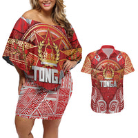 Tonga King's Birthday Couples Matching Off Shoulder Short Dress and Hawaiian Shirt Gold Royal Crown Tribal Patterns DT05 Red - Polynesian Pride