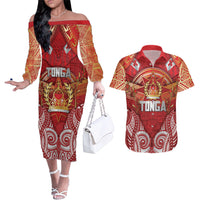 Tonga King's Birthday Couples Matching Off The Shoulder Long Sleeve Dress and Hawaiian Shirt Gold Royal Crown Tribal Patterns DT05 Red - Polynesian Pride