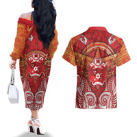 Tonga King's Birthday Couples Matching Off The Shoulder Long Sleeve Dress and Hawaiian Shirt Gold Royal Crown Tribal Patterns DT05 - Polynesian Pride