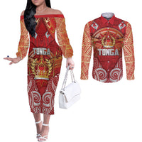 Tonga King's Birthday Couples Matching Off The Shoulder Long Sleeve Dress and Long Sleeve Button Shirt Gold Royal Crown Tribal Patterns DT05 Red - Polynesian Pride