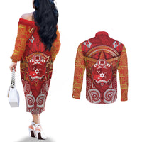 Tonga King's Birthday Couples Matching Off The Shoulder Long Sleeve Dress and Long Sleeve Button Shirt Gold Royal Crown Tribal Patterns DT05 - Polynesian Pride
